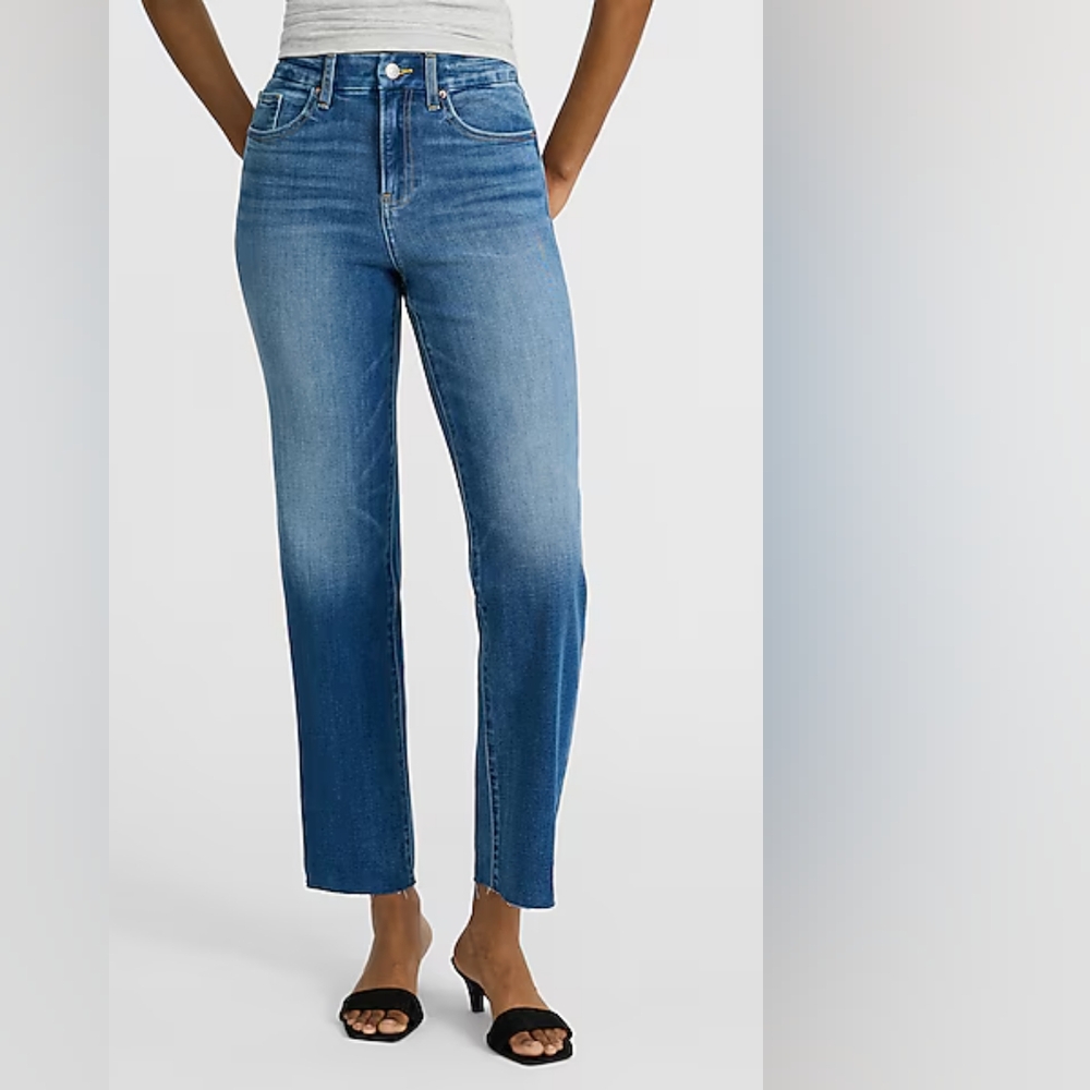 Express High Waisted Medium Wash FlexX Raw Hem Straight Ankle Jeans - Size L